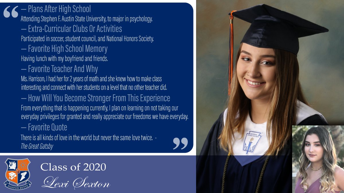 Poston Butte High School - Florence Unified (@pbhighschool) on Twitter photo We’d like to introduce you to Class of 2020 student Lexi Sexton, who is graduating early! <a href="/pbhs2020/">SENIORSSSSS</a> <a href="/PBHS_Yearbook_/">PBHS Yearbook 2021-2022</a> <a href="/Florenceusd/">Florence Unified</a> <a href="/PBHSBloodDrive/">PBHS Blood Drive</a> <a href="/PBHSLinkCrew/">PBHS Link Crew</a> <a href="/PBHStuco_/">PBHS Stuco</a> #BroncoStrong #OnceABroncoAlwaysABronco #ClassOf2020 #FUSDAchieves We’d like to introduce you to Class of 2020 student Lexi Sexton, who is graduating early! <a href="/pbhs2020/">SENIORSSSSS</a> <a href="/PBHS_Yearbook_/">PBHS Yearbook 2021-2022</a> <a href="/Florenceusd/">Florence Unified</a> <a href="/PBHSBloodDrive/">PBHS Blood Drive</a> <a href="/PBHSLinkCrew/">PBHS Link Crew</a> <a href="/PBHStuco_/">PBHS Stuco</a> #BroncoStrong #OnceABroncoAlwaysABronco #ClassOf2020 #FUSDAchieves