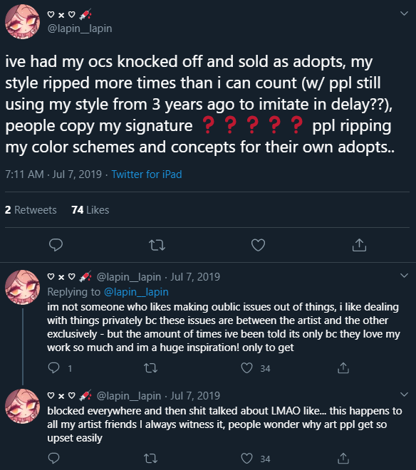 i later made a thread about that other experience. that artist never apologized, but dozens of people DM'd me with the stories.funny how those who are particularly hostile about style theft always prefer their "concerns" kept private? it's bc they pull this shit all the time