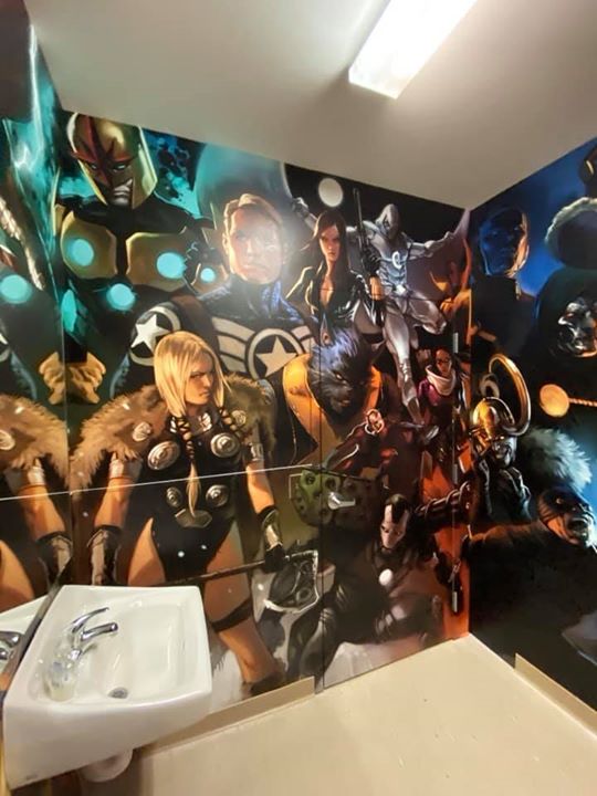 Can you tell we have some SUPER huge comic fans on our team here at Brand ink? Here’s a shot of our latest graphic installation done in one of our restrooms!