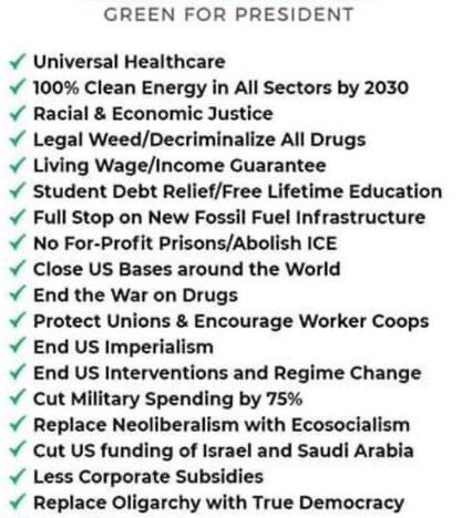 The Green Party candidates’ campaigns both fight for even MORE PROGRESSIVE POLICIES than Bernie’s campaign did. In 2016, 46% of voters felt unrepresented and didn’t vote. This is our time to unite and consolidate our power to  #VoteGreen2020 and defeat these incoherent rapists.