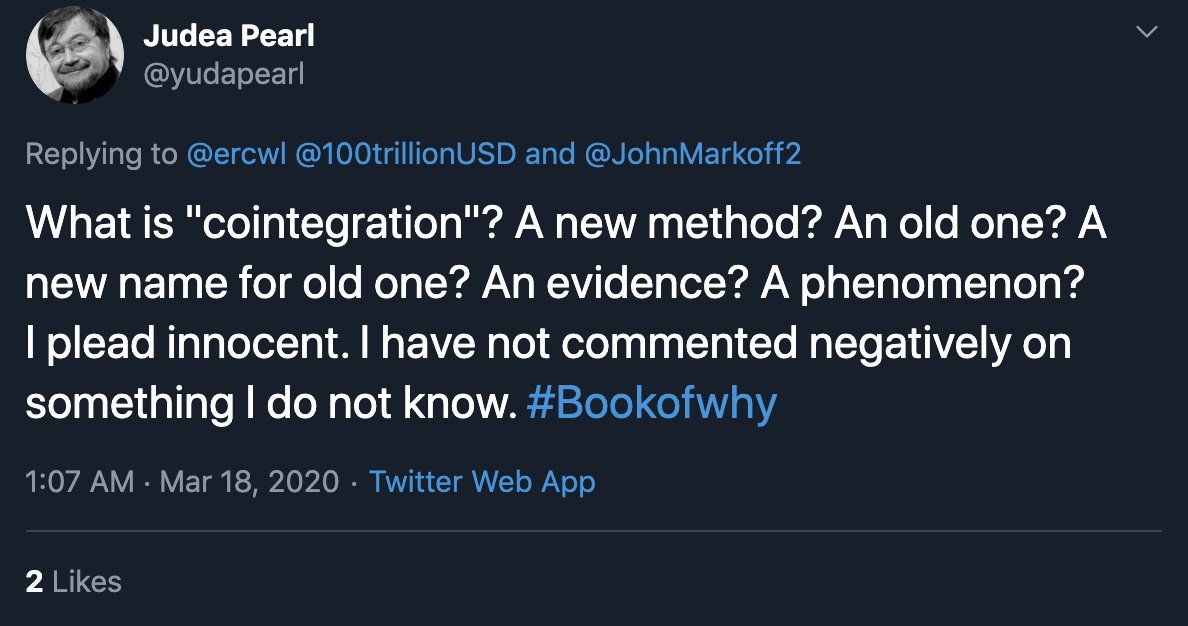 6/15 For those who have been following along with the S2F saga, you've probably heard that the S2F and price are "cointegrated". Don't worry if you've never heard this term before, almost no one has (and almost no one understands it). Not even this guy,  @yudapearl.