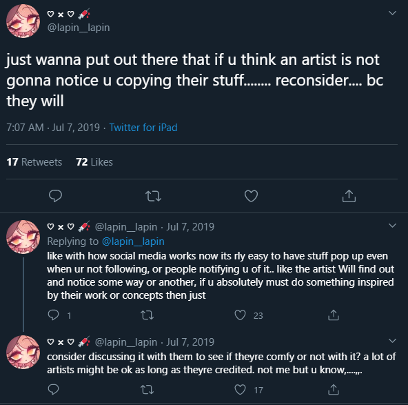 why should i care that some insecure artist may be "uncomfy" w my art? THEY'RE doing the work, it's THEIR art, THEIR money. fuck your feelings/entitlementi covered this in my style theft thread.hint: it's so you ask for approval before you draw anything https://twitter.com/aerifiretruck/status/1250121332148375553