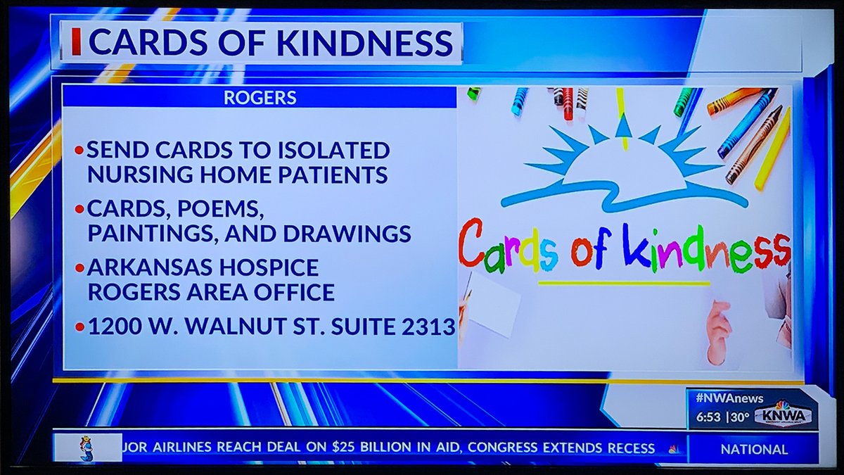 LifeTouchHealth's tweet photo. Thanks to @KNWAFOX24 for helping Arkansas Hospice generate more kindness! To learn more about our "Cards of Kindness" program and to find the drop-off location nearest you (or to get information on where to mail cards), please visit https://t.co/ngGgv7eipJ. #CardsofKindness https://t.co/iCYS8rTRVt