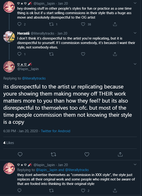 why should i care that some insecure artist may be "uncomfy" w my art? THEY'RE doing the work, it's THEIR art, THEIR money. fuck your feelings/entitlementi covered this in my style theft thread.hint: it's so you ask for approval before you draw anything https://twitter.com/aerifiretruck/status/1250121332148375553