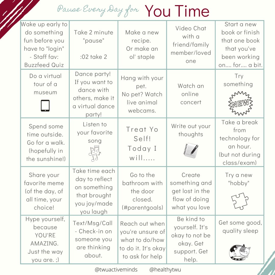 TWUActiveMinds's tweet photo. We know there's a lot going on, and sometimes it can be easy to forget to take time for yourself. Do one, or try for multiple and make a #bingo out of it! For more online resources for #QuarantineLife check out: https://t.co/RBNVXKoAbo #activeminds #mentalhealth #youmatter https://t.co/fsyQYSP8BS