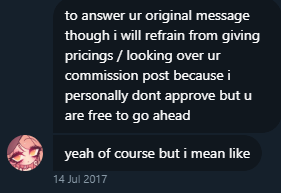 anyway, in the end when all i wanted was pricing help...i shouldn't do commissions because it'd hurt her feelings because i'm stealing her style (by drawing shaped eye shinies and alternating lower eyelashes) and won't change it to make her happy. A+ advice