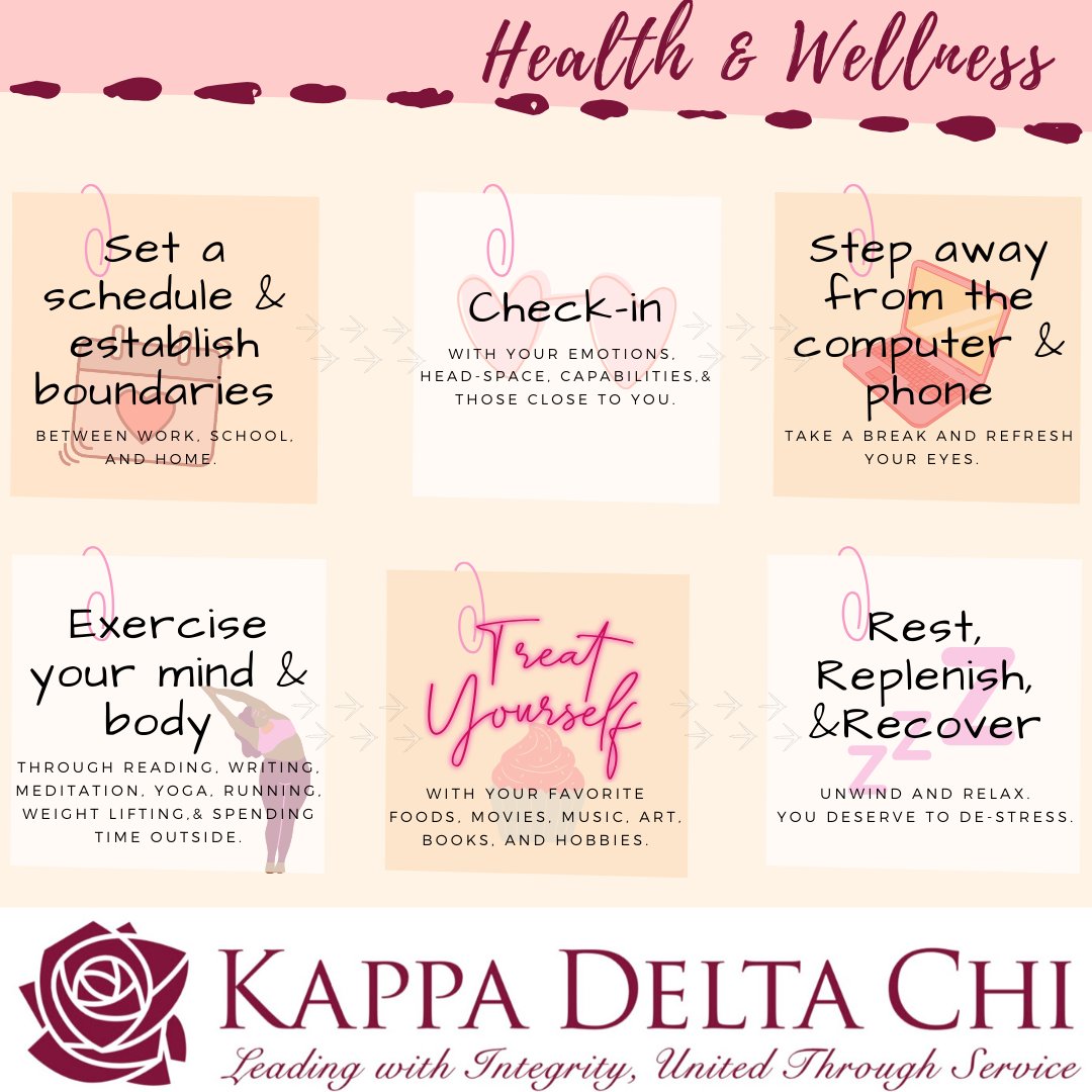 KDChi's tweet photo. As we all learn to navigate this new journey to stop the spread of COVID-19, Kappa Delta Chi Sorority, Inc. would like to encourage everyone to practice a few health and wellness tips. Remember to show yourself some love during this time and check-in with those close to you! https://t.co/spqdX9Bjnl