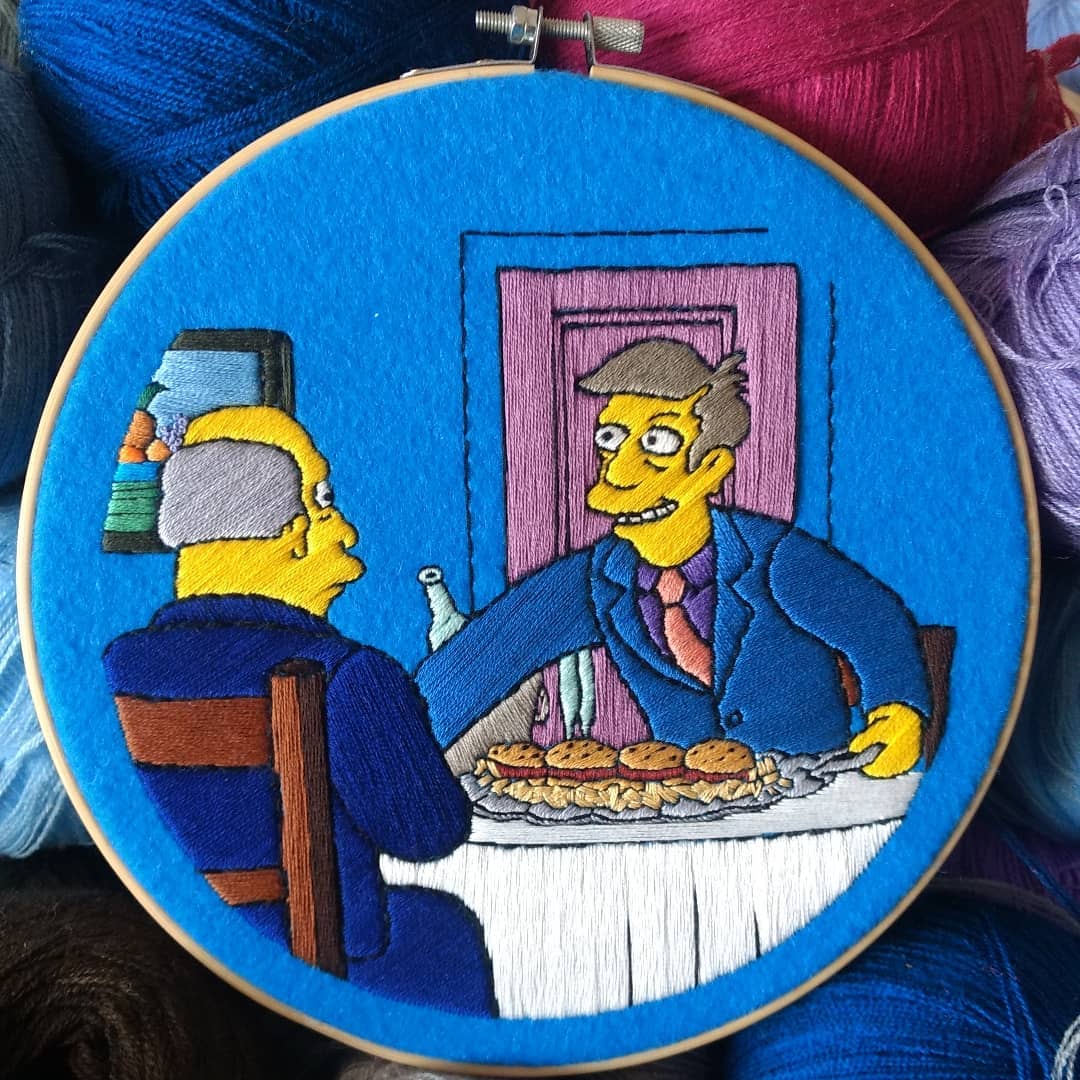 svohen's tweet image. Hola! Mi nombre es Gaby (bazarbartiano) y me dedico a recrear escenas de Los Simpsons con bordado, cada bordado me toma entre 10 y 30 horas #PortfolioDay