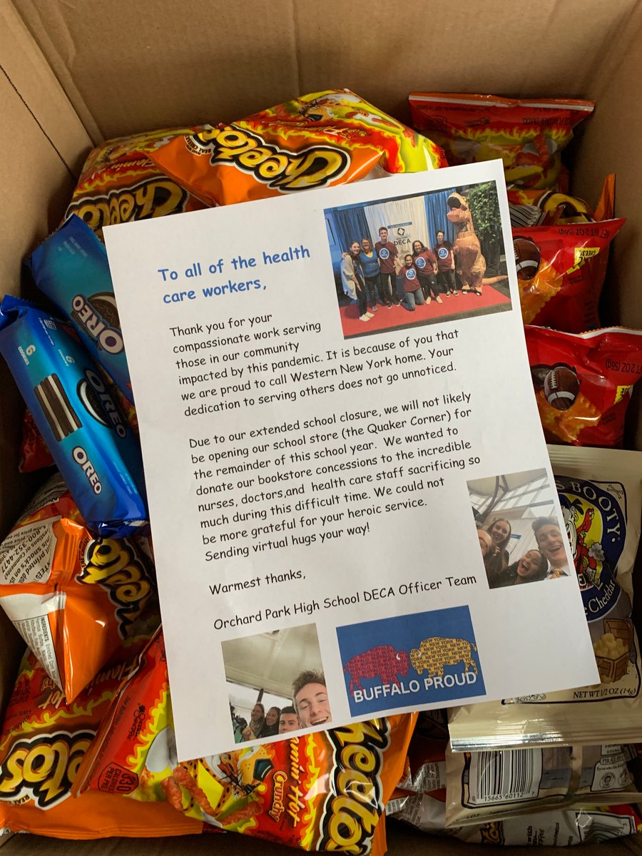 OPSchools's tweet photo. This week @OP_DECA  donated all of the snacks from the Quaker Corner school store to Kaleida Health workers in the emergency rooms of Oishei Children's Hospital and Buffalo General. Way to go OPHS DECA! https://t.co/gEGUjcBAZG