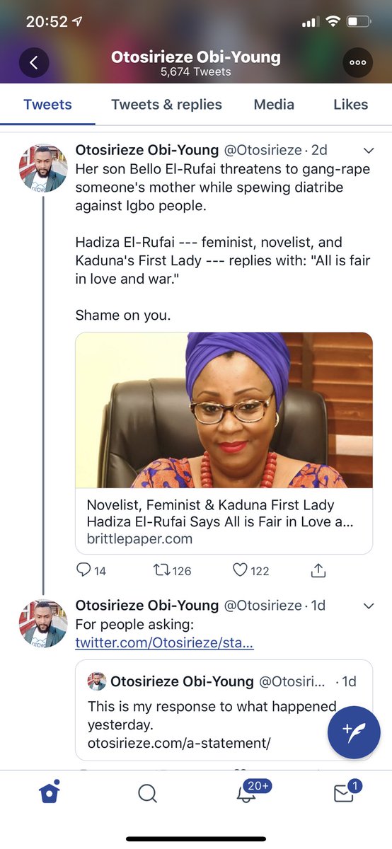 A Governor’s son threatened someone’s mother with gangrape. His own mum (the First Lady) endorsed that threat (she has now apologised)A young journalist did a story condemning the Governor’s wife.Today, that young journalist has now been sacked.This is Nigeria. What a shame.