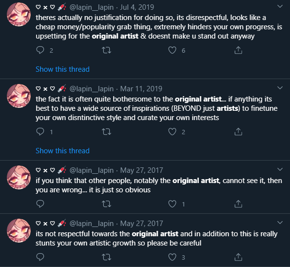 i've no doubt others have similar experiences, harassed by a delusional & insecure person preaching their "im the original artist!!" gospel. you are welcome to share your story, let's spill this tea as a community(tho i recommend replying to the first post in the thread.)