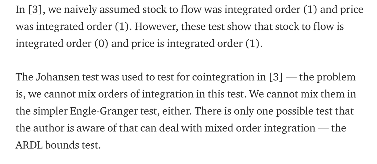 7/15 Remember, cointegration is a cornerstone to the S2F model. But it turns out it's not a very easy concept to deal with, as  @btconometrics (the ~only one who understands it) has himself abandoned his original method he used for proving cointegration back in August.