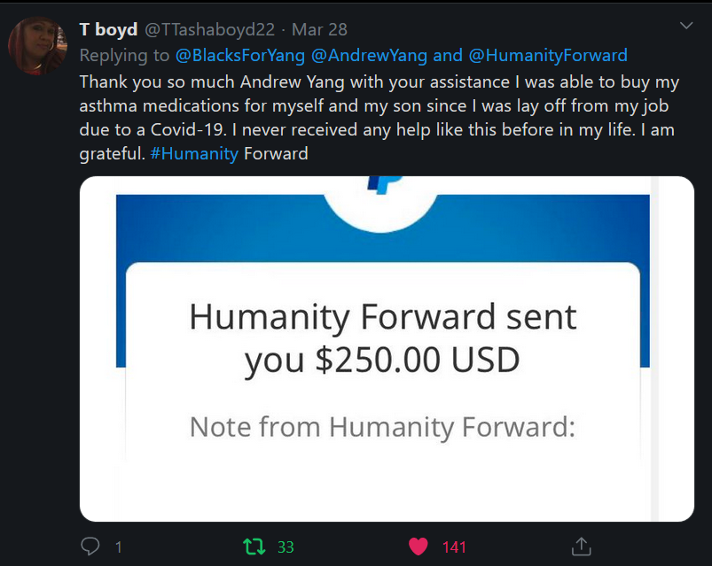 So Cody from  @PSPradio1 reminded me I need to stop being lazy and update this thread showing how  @HumanityForward and  @AndrewYang are helping to  #BailoutHumans by giving small a small  #Stimuluscheck directly to Americans. Lots of receipts!  @scottsantens