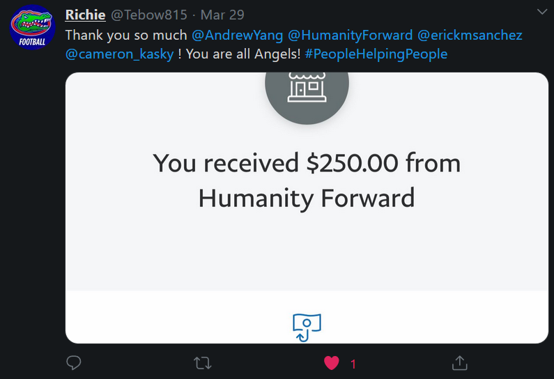 So Cody from  @PSPradio1 reminded me I need to stop being lazy and update this thread showing how  @HumanityForward and  @AndrewYang are helping to  #BailoutHumans by giving small a small  #Stimuluscheck directly to Americans. Lots of receipts!  @scottsantens