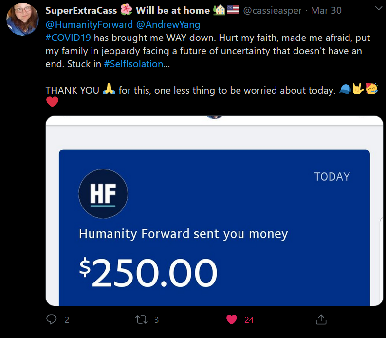 So Cody from  @PSPradio1 reminded me I need to stop being lazy and update this thread showing how  @HumanityForward and  @AndrewYang are helping to  #BailoutHumans by giving small a small  #Stimuluscheck directly to Americans. Lots of receipts!  @scottsantens