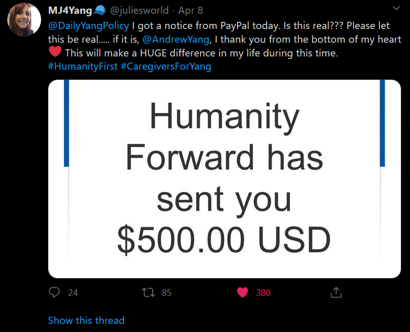 Even more receipts of  @AndrewYang and  @HumanityForward helping Americans during the worst health and economic crisis of this generation.  #BailoutHumans  #Stimulusdeposit