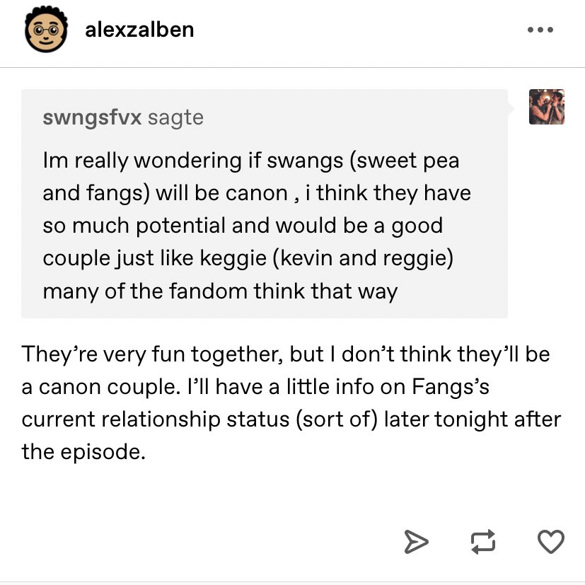 swangshope's tweet photo. i literally cried when he answered my question, i want my babies to be canon #swangs #riverdale #fangsfogarty #drewraytanner #jordanconnor #sweetpea https://t.co/m6cRVa4u3X