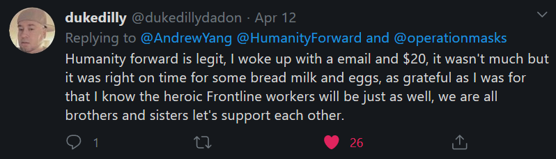 Shoutout to Yang for also buying PPE for healthcare workers!  #HumanityFirst
