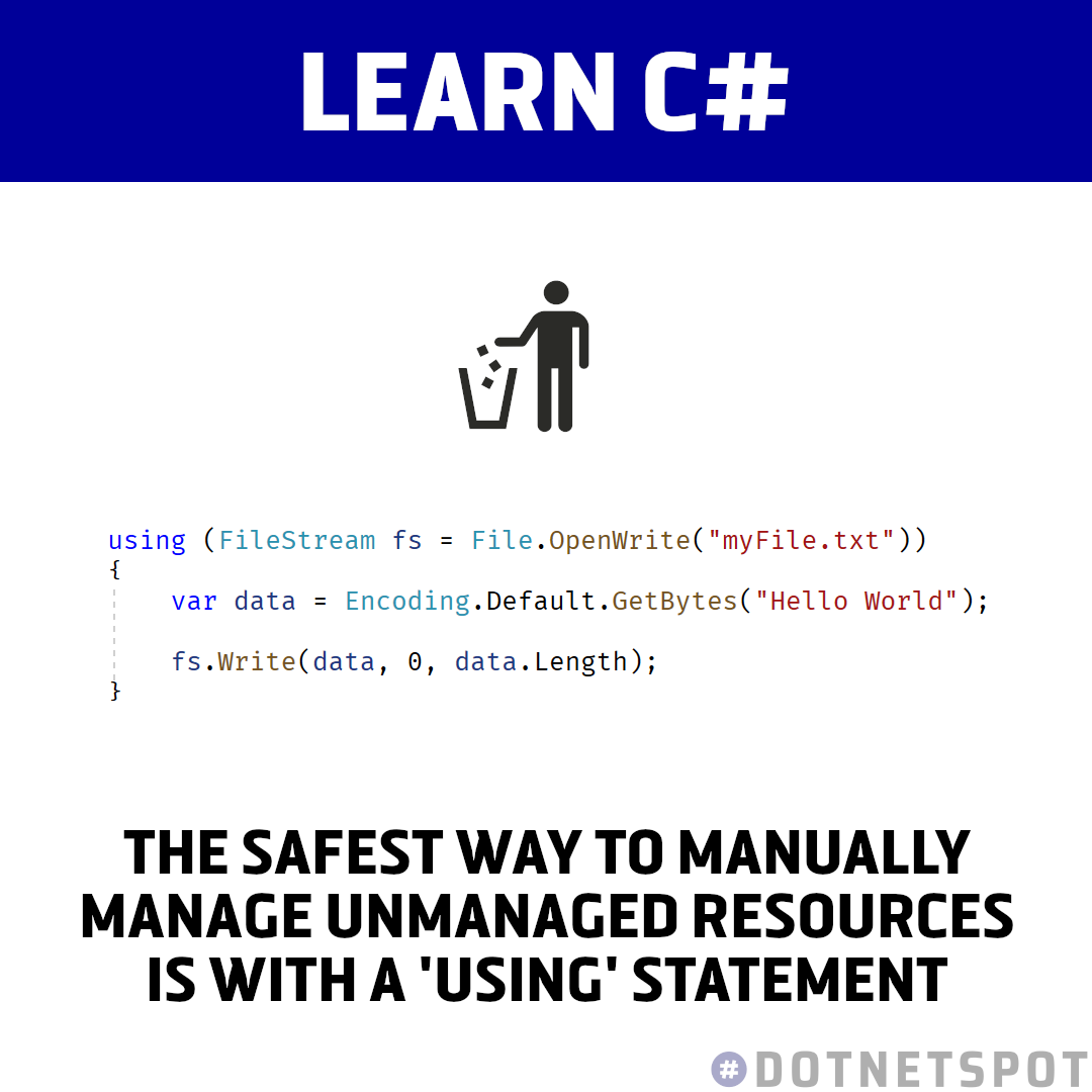 DotNetSpot's tweet image. Most objects in #csharp , manage memory automatically. But &quot;unmanaged resources&quot; need to be managed manually. These are things that exist outside of #dotnet, like files and database connections.

#aspnetcore #programming #coding #webdevelopment  #100daysofcode #javascript