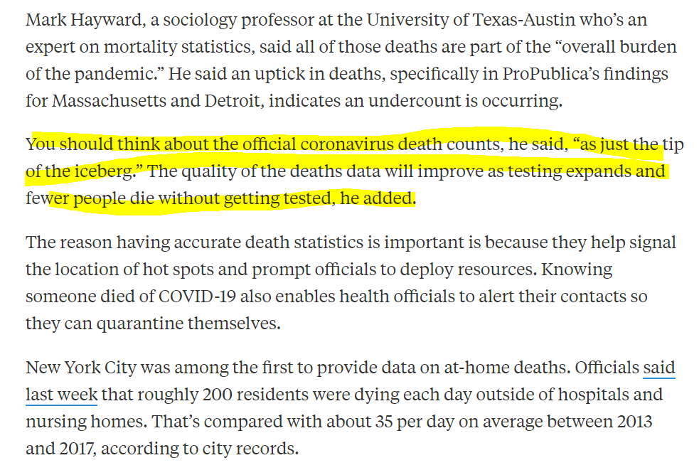 Here's  @propublica on the unattributed death issue. By failing to account for deaths accurately we're encouraging unwise public policy and distorting public opinion.Too many striking visual representations with far too little humility about data quality.  https://www.propublica.org/article/theres-been-a-spike-in-people-dying-at-home-in-several-cities-that-suggests-coronavirus-deaths-are-higher-than-reported