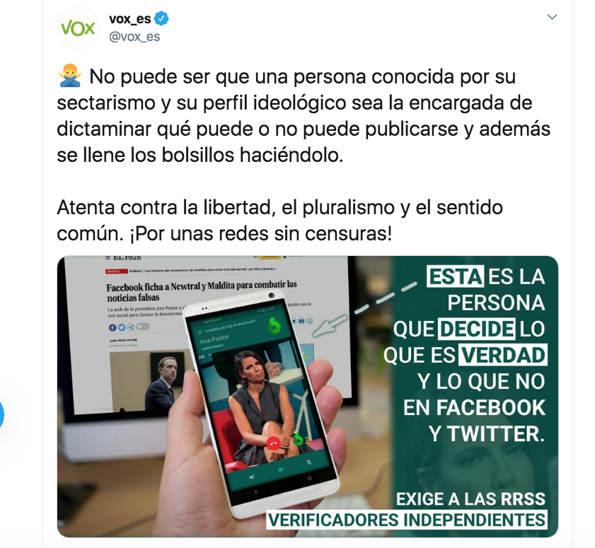 Cabe la tentación de decir que esta gente es medio retrasada. Pero lo más posible es que piensen que sus votantes sí lo son. ¿Quién se puede creer que una periodista española de TV controle lo que da Facebook, una multinacional que hasta pasa de lo que diga el Senado de EEUU?