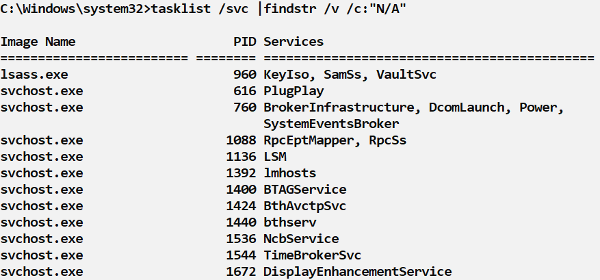 If you want to find all Windows processes running as a service, use:
tasklist /svc|findstr /v /c:"N/A"

This will get rid of any processes not running as a service. To find processes NOT running as a service:
tasklist /svc|findstr /c:"N/A"

Know normal, hunt oddities. #DFIRtips