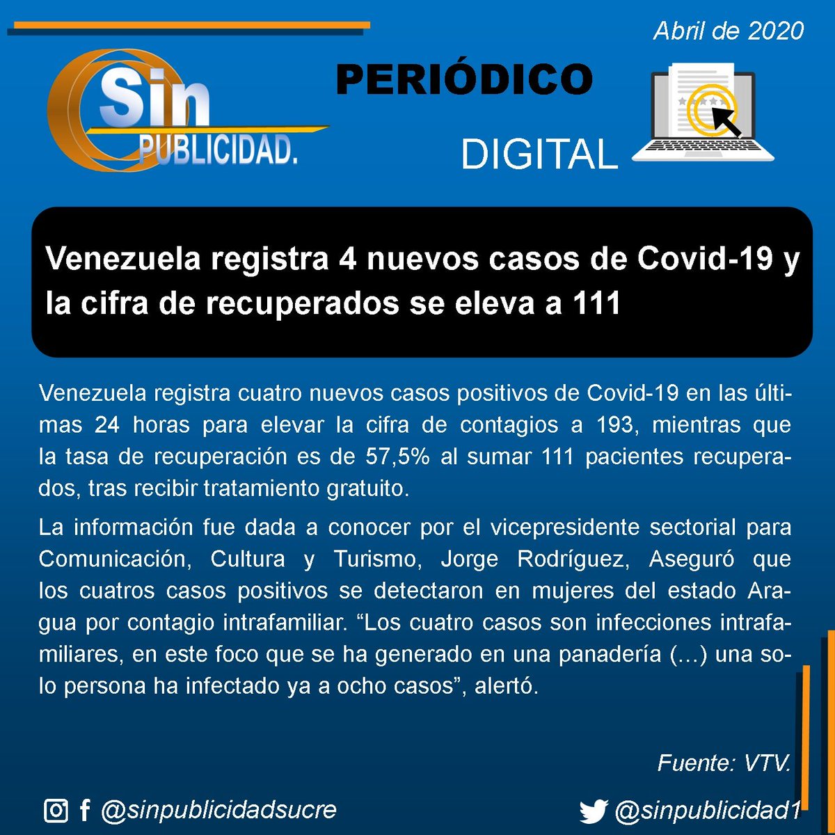 CONTACTO_SUCRE's tweet photo. Periódico digital de "SIN PUBLICIDAD"📰
Porque Sucre es Primero.❤
#SucrePrimero 👥
.
#SucrePrimero #sinpublicidad #sinpublicidadsucre #informacionaldia #esnoticia #covid_19 #coronavirus #quedateencasa #usatapabocas #venezuela #sucre #cumana https://t.co/4Csr0565bZ
