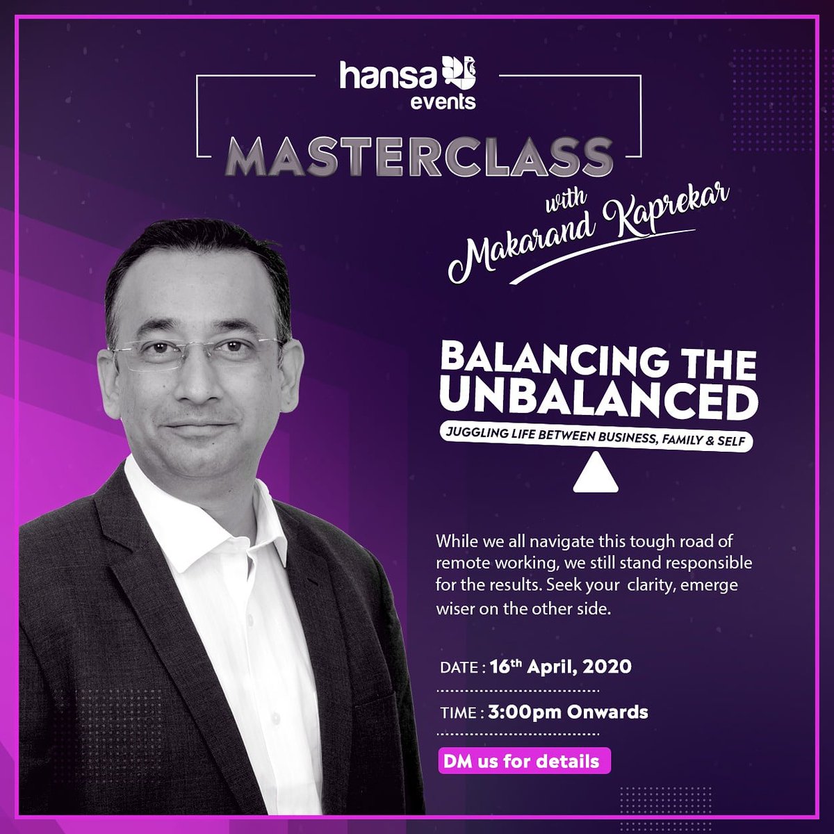 HansaEvents's tweet photo. Come learn the art of Balancing The Unbalanced with Makarand Kaprekar(@makarand10) at our Master Class. 

DM us for details.
#HansaEvents #MasterClass #LearnUnlearn #BalancingTheUnbalanced #Fifth https://t.co/vZ7gEVNhGX