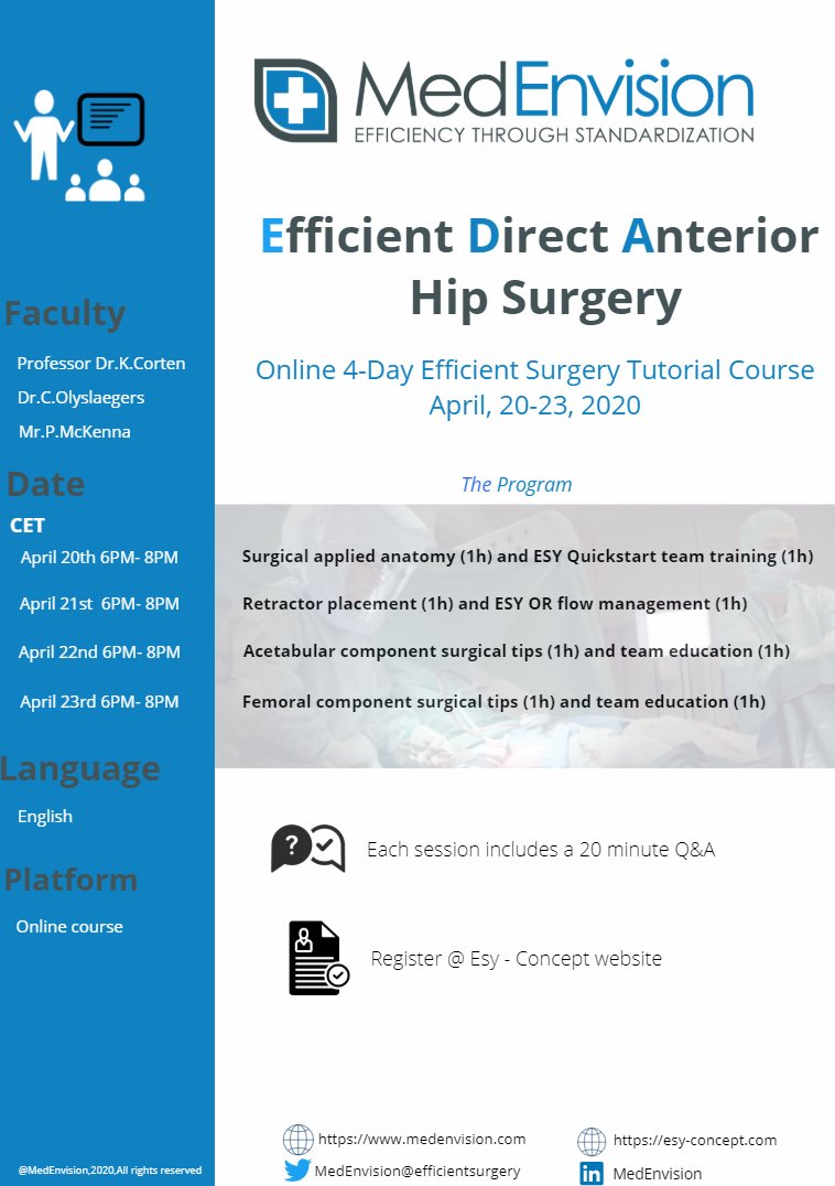 MedEnvision's tweet image. Interested in a dedicated course regarding OR-Efficiency?
MedEnvision invites you to join next week for the 4-day online, tutorial course on Efficient Direct Anterior (EDA)THA.

--&amp;gt;esy-concept.com
--&amp;gt;us02web.zoom.us/webinar/regist…

#EDA #Medenvision #Efficiency #Gripper #Esysuit