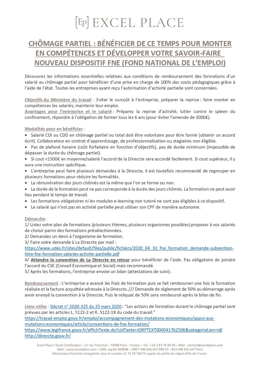 ExcelPlace's tweet photo. Découvrez les informations essentielles du nouveau dispositif FNE (Fond National de l'Emploi). 

#conditions #remboursement #formations #chomagepartiel #fne #modalites #demarche #monterencompetences #savoirfaire #prenezsoindevous #prenezsoindesautres #restezchezvous https://t.co/8Xg8PBrGCM