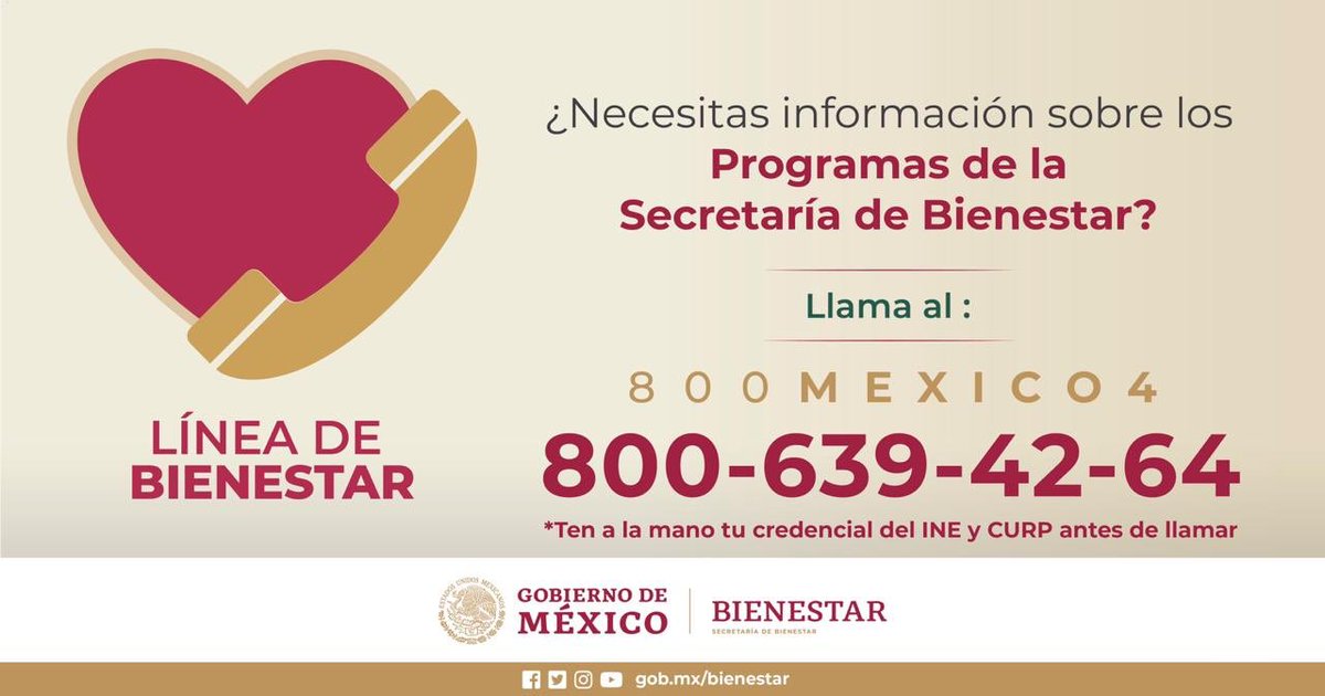 📞Te compartimos la línea de #Bienestar.

➡️ Horario de atención:

📌 Lunes a viernes de 8:00 a 21:00 hrs.
📌 Sábado, domingo y días festivos de 9:00 a 13:00 hrs.

#QueremosBienestar