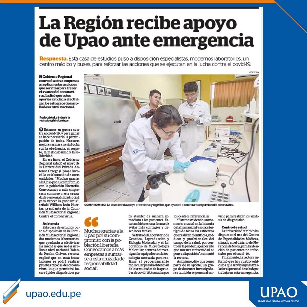 UPAO pone a disposición 2 modernos laboratorios para combatir el COVID-19. <a href="/SuneduPeru/">Sunedu</a> <a href="/Minsa_Peru/">Ministerio de Salud</a>