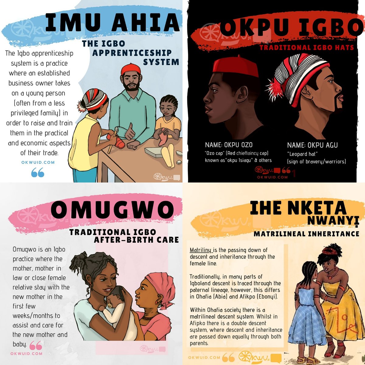 At Okwu ID we believe in the use of art as medium to educate about Igbo culture. Our artists create infographics to offer easily digestible introductory summaries into the unique and often complex aspects of Igbo culture. okwuid.com