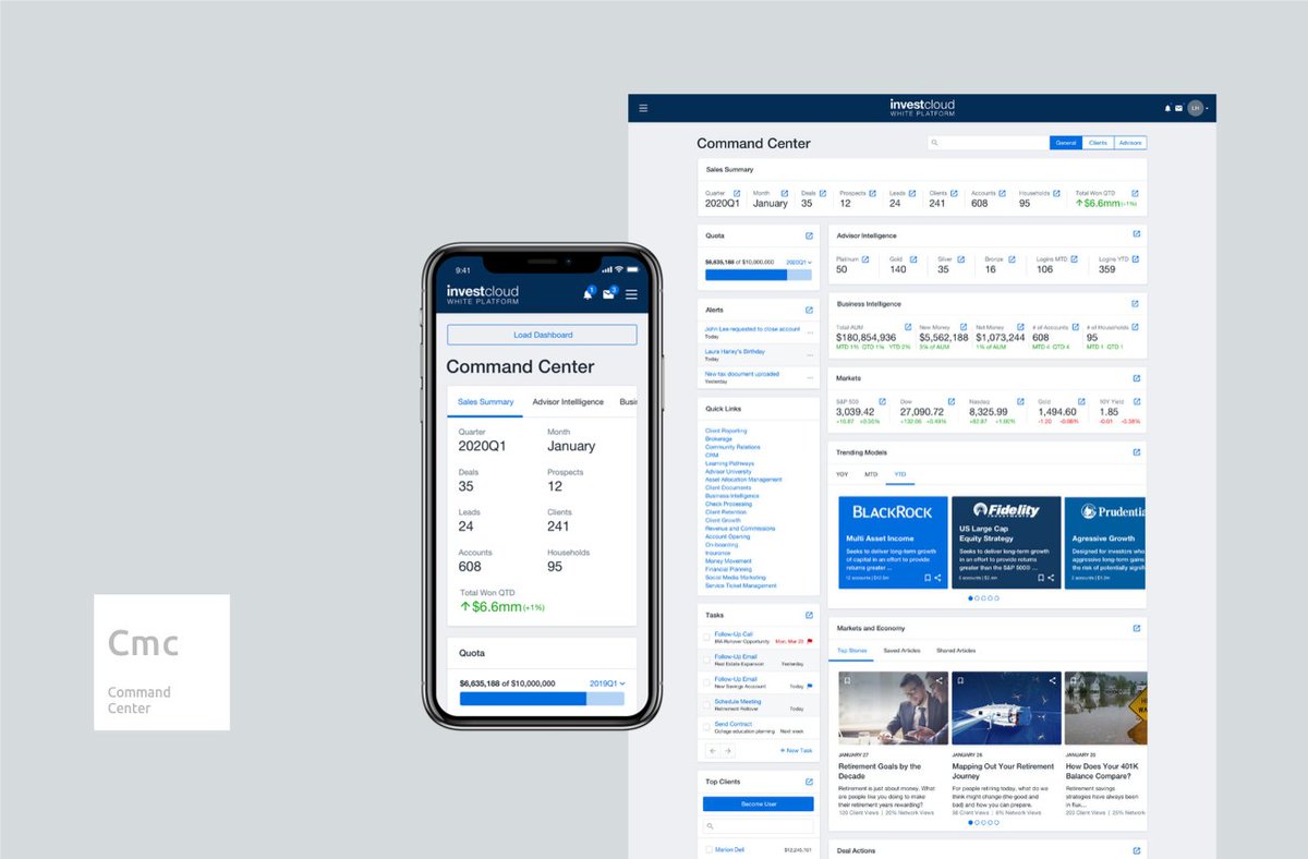 InvestCloud's tweet photo. This weeks InvestCloud New Think article explores how #InvestCloud White's Command Center helps wealth management firms in retaining clients, growing clients and managing your practice in a highly automated fashion. 
Take a look at the full article here: https://t.co/wUzyirLxTl https://t.co/u8J9sse6LQ
