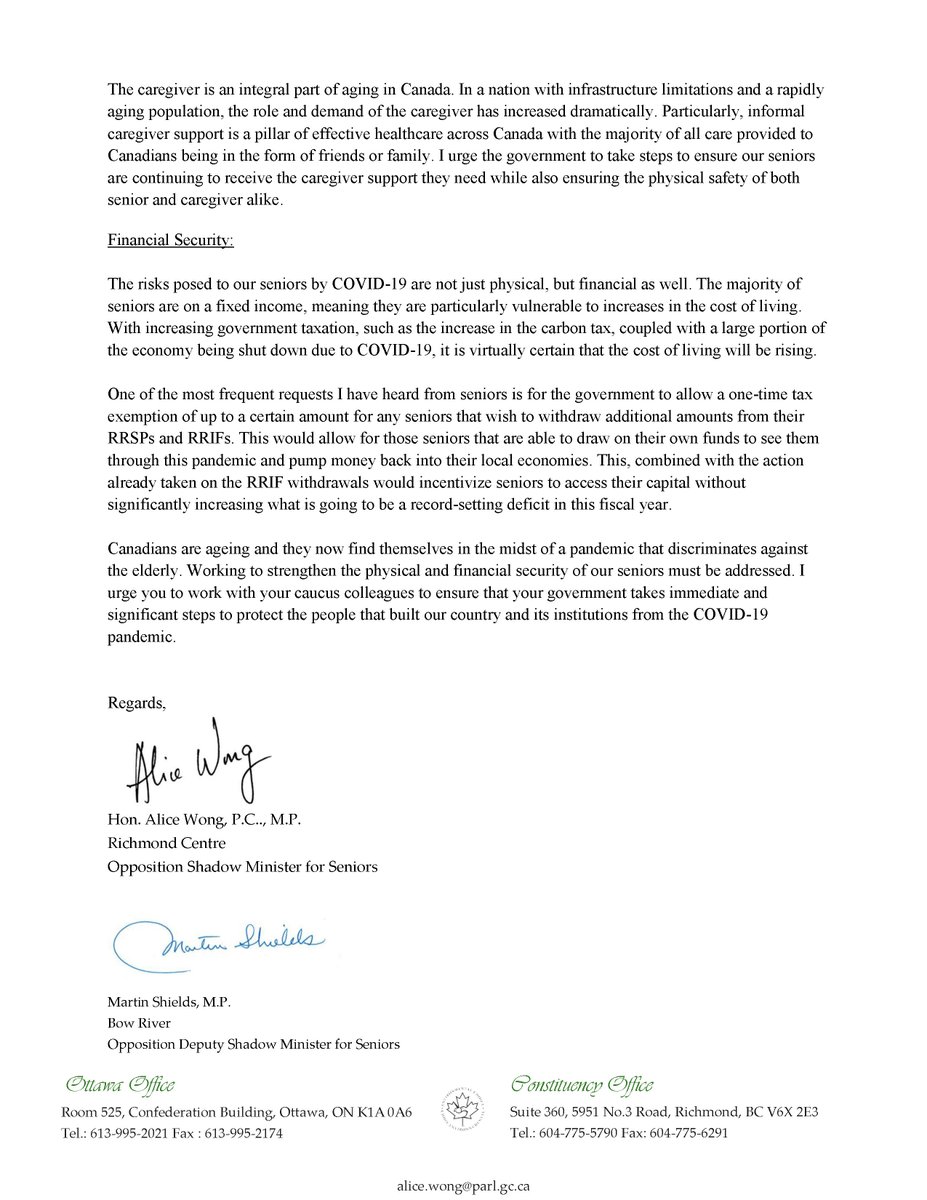 Alice Wong (@alicewongcanada) on Twitter photo Letter with my colleague <a href="/MartinBowRiver/">Martin Shields</a> to the Minister of Seniors addressing physical security and financial concerns of seniors during the #COVID19 pandemic. Letter with my colleague <a href="/MartinBowRiver/">Martin Shields</a> to the Minister of Seniors addressing physical security and financial concerns of seniors during the #COVID19 pandemic.