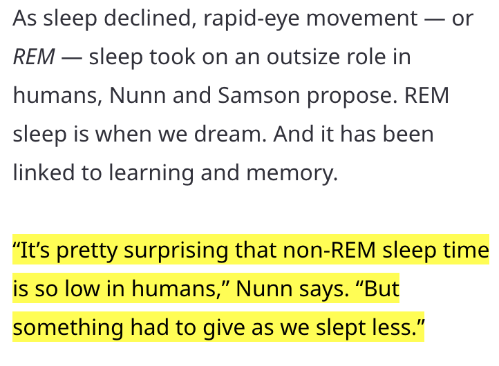 In a study of 30 primate species, humans slept the leastHumans: 7 hours per nightOther primates: 9-15 hours per nightWe are able to sleep less by sleeping efficiently: more REM sleep (the type where you dream), less NREM sleep.