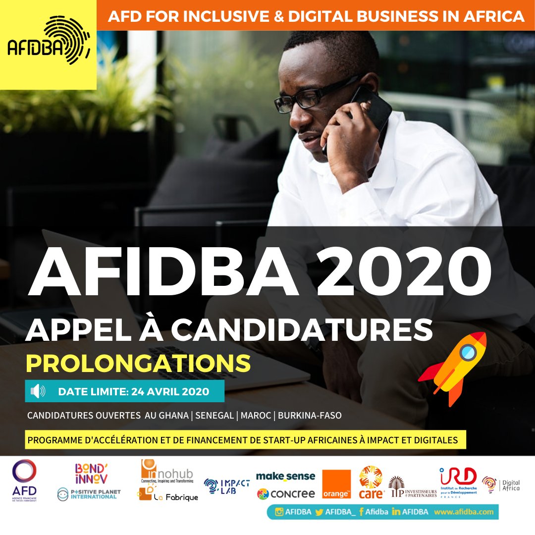 AFIDBA_'s tweet photo. 📣[#AFIDBA2020 - Appel à projets prolongé]‼️

#Entrepreneurs: 🚀boostez votre projet digital, inclusif &amp; à impact en Afrique en rejoignant notre programme d’accélération de 6 mois au🇧🇫@AFIDBA_BF 🇲🇦@AFIDBA_MA 🇸🇳@AFIDBA_SN 🇬🇭@Afidba_GH
▶️https://t.co/yQAGrSfta1
📆Date limite: 24/04 https://t.co/7jbFuU8u8t