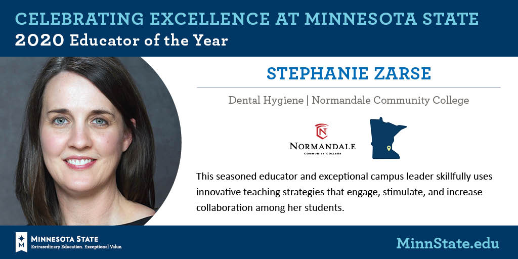 MinnStateEdu's tweet photo. Congratulations Stephanie Zarse @normandale_cc, 2020 Educator of the Year! See more at https://t.co/cA8fW4it64 #MinnStateBOTawards https://t.co/sJkbD0KSYT