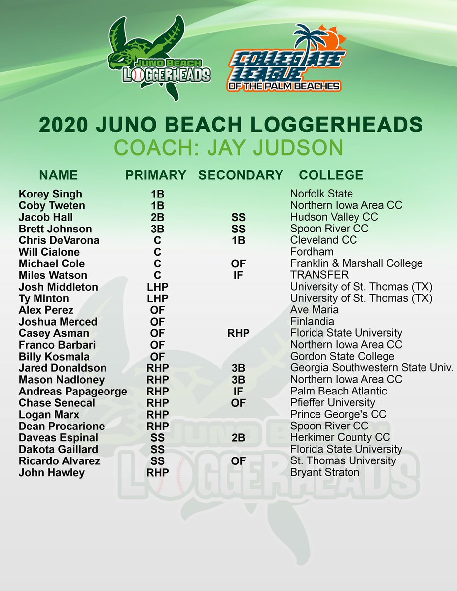 CLPalmBeaches's tweet photo. We are also excited to release the roster for the 2020 Juno Beach Loggerheads, check it out! #ShellYeh #DoSummerBallDifferent https://t.co/7Yw7ufSa8L