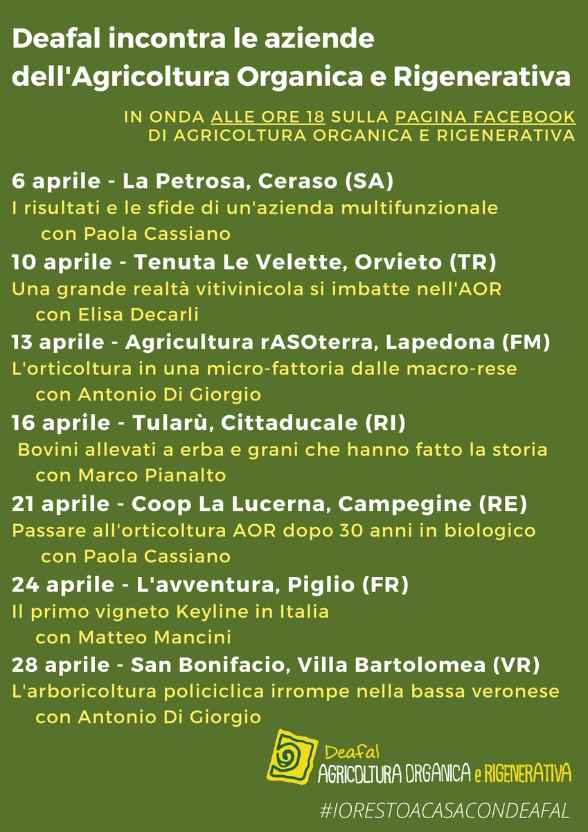 Deafal ONG (@deafalong) on Twitter photo #iorestoacasacondeafal - la programmazione di dirette FB con i nostri tecnici e alcune aziende agricole #AOR #agricolturaorganicaerigenerativa con Matteo Mancini, Antonio Di Giorgio, Elisa Decarli, Paola Cassiano, Marco Pianalto <a href="/DeafalONG/">Deafal ONG</a> #iorestoacasacondeafal - la programmazione di dirette FB con i nostri tecnici e alcune aziende agricole #AOR #agricolturaorganicaerigenerativa con Matteo Mancini, Antonio Di Giorgio, Elisa Decarli, Paola Cassiano, Marco Pianalto <a href="/DeafalONG/">Deafal ONG</a>