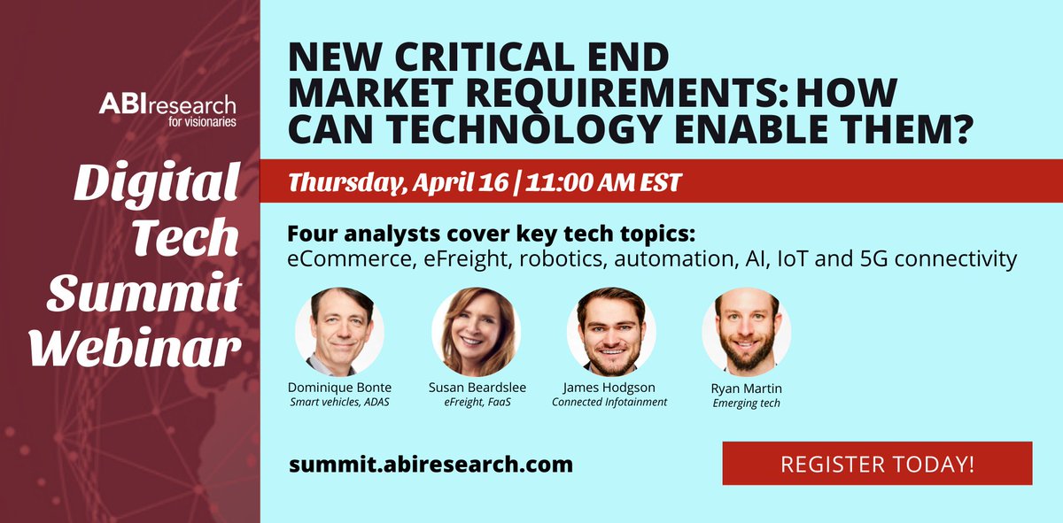 ABI Research (@abiresearch) on Twitter photo Join us tomorrow - Thursday, April 16! Register: abi.link/2VfiDTp to learn the #technolgy requirements #covid19 is forcing on #smartcities, #logistics, #freight, #manufacturing, and #mobility. Featuring <a href="/ABI_Bonte/">Dominique Bonte</a>, <a href="/SusanBeardslee/">Susan Beardslee</a>, <a href="/ABI_JHodgson/">James Hodgson</a>, and <a href="/RyanMartinIoT/">Ryan Martin</a> Join us tomorrow - Thursday, April 16! Register: abi.link/2VfiDTp to learn the #technolgy requirements #covid19 is forcing on #smartcities, #logistics, #freight, #manufacturing, and #mobility. Featuring <a href="/ABI_Bonte/">Dominique Bonte</a>, <a href="/SusanBeardslee/">Susan Beardslee</a>, <a href="/ABI_JHodgson/">James Hodgson</a>, and <a href="/RyanMartinIoT/">Ryan Martin</a>