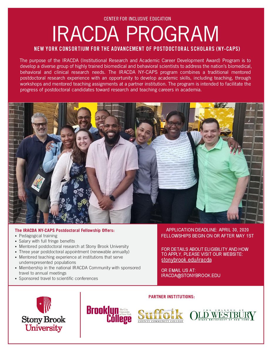 CIEStonyBrook's tweet photo. If you're interested in pursuing a career in research or academic, consider applying to NIH IRACDA NY-CAPS Postdoctoral Training!!

Deadline is now April 30th. For more information: https://t.co/sGO5wpG3OO https://t.co/Cofq0mRdwh