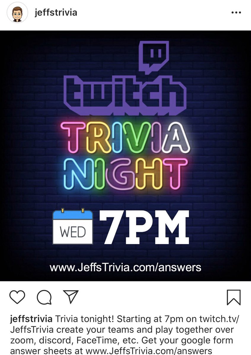 JeffsTrivia's tweet image. Trivia tonight! Starting at 7pm on twitch.tv/JeffsTrivia create your teams and play together over zoom, discord, FaceTime, etc. Get your google form answer sheets at JeffsTrivia.com/answers