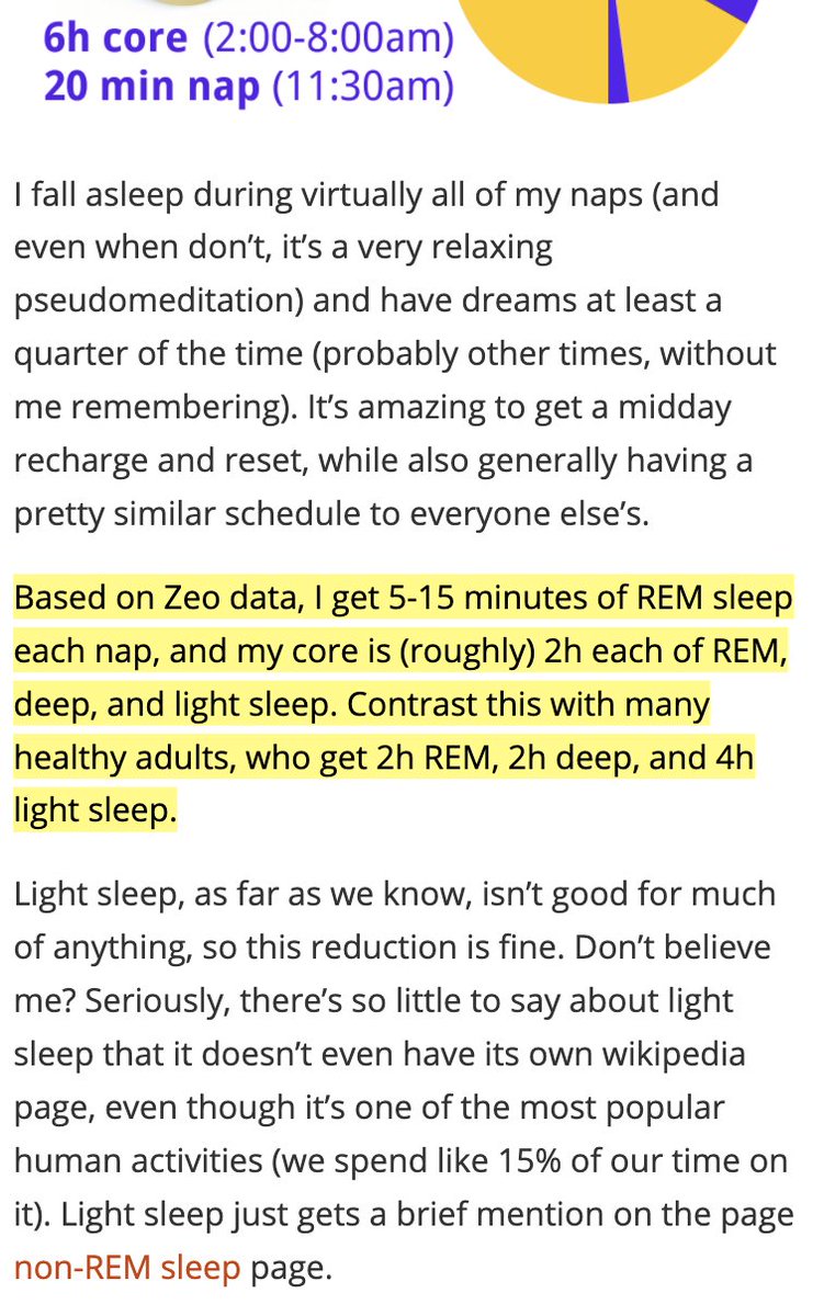 There are other polyphasic schedules that I'm intrigued by.  @Malcolm_Ocean follows a bi-phasic sleep schedule.He gets 2 hours each of REM, SWS, and "light sleep" (stage 1 and 2 NREM).
