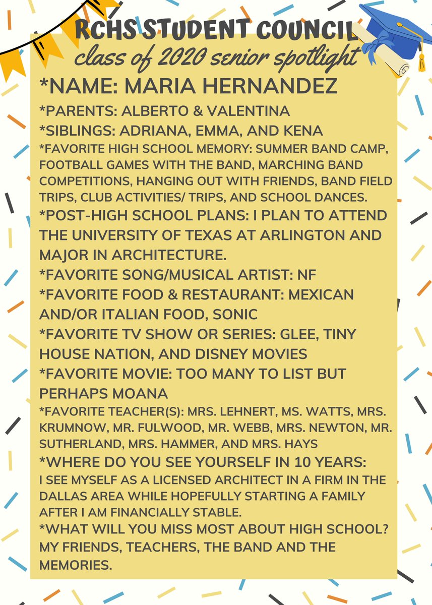 RCHS_stuco's tweet photo. 🎉🎓CLASS OF 2020 SENIOR SPOTLIGHT!🎓🎉 FEATURING @maria_hdz73 @RoyseCityHS @RoyseCityISD https://t.co/Oc0zMtGIXZ