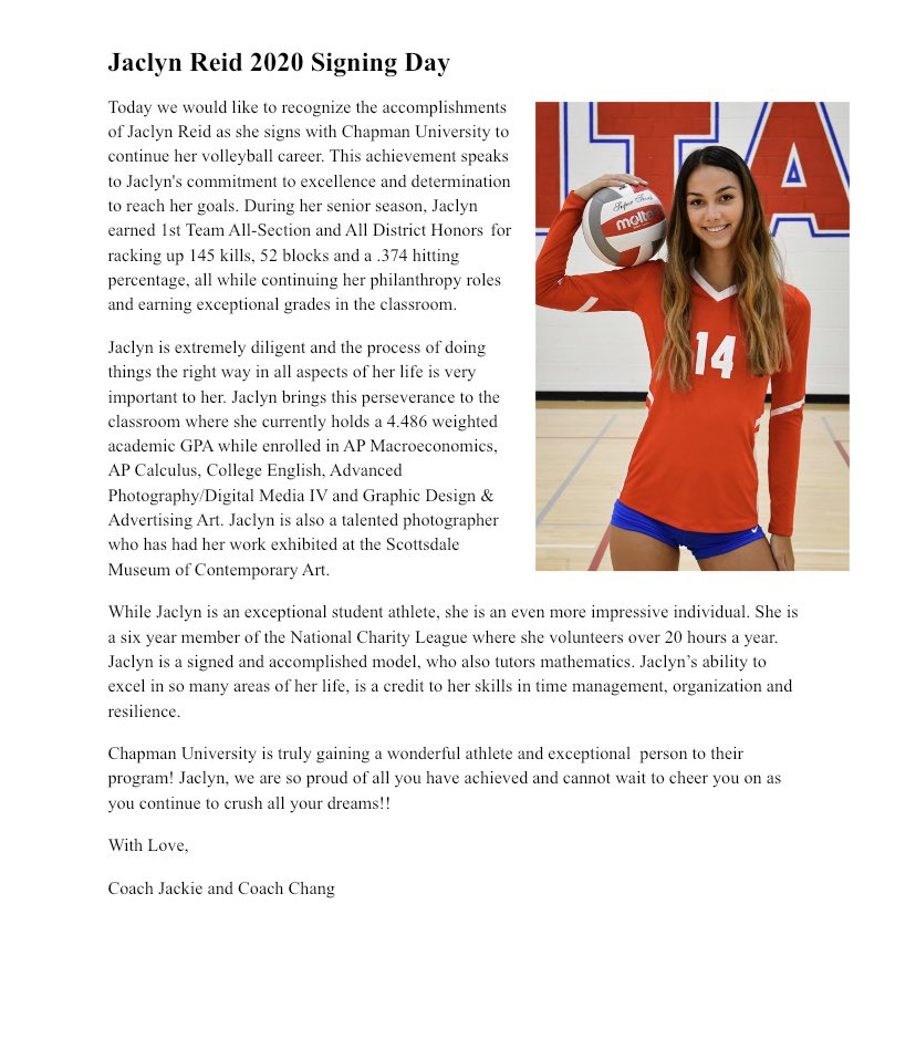 ❤️Help us celebrate Jaclyn Reid today at 11am when she does a LIVE SIGNING with Chapman Volleyball on our Instagram💙