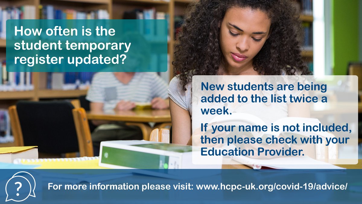 The_HCPC's tweet photo. We have now added over 1000 students to the temporary register. A big welcome to our newest additions! 
 
For more detailed information about the temporary student register please visit our advice for students here ⬇️ https://t.co/0AqqVXvigL https://t.co/qbk0enaTwK