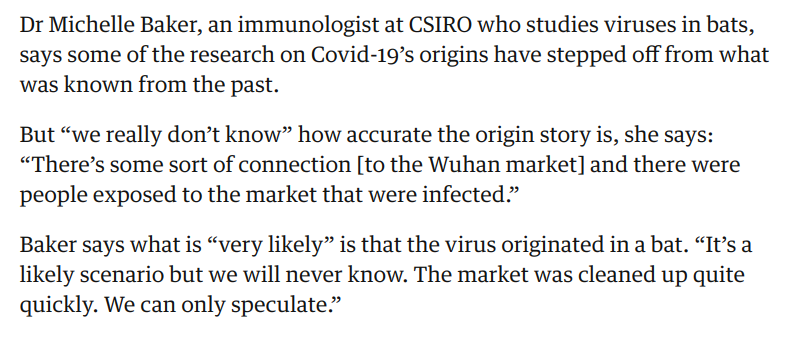 Even notorious imperialist mouthpiece The Guardian is now starting to soft-pedal previous claims about the Wuhan market, although they still make sure a CSIRO researcher gets the last word in for some extra FUD.  https://twitter.com/guardian/status/1250413116946513920