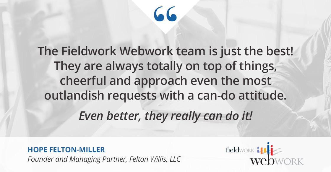 Our #FieldworkWebwork team is here to help bring your research projects online not only during the pandemic, but all the time! Click here to learn more: bit.ly/34Bd3io

#fieldwork #mrx #virtualresearch #onlineresearch #remoteresearch