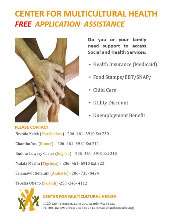 SoarKingCounty's tweet photo. The Center for Multicultural Health is offering FREE application assistance. Language specific staff available. https://t.co/JOyoN1UPld